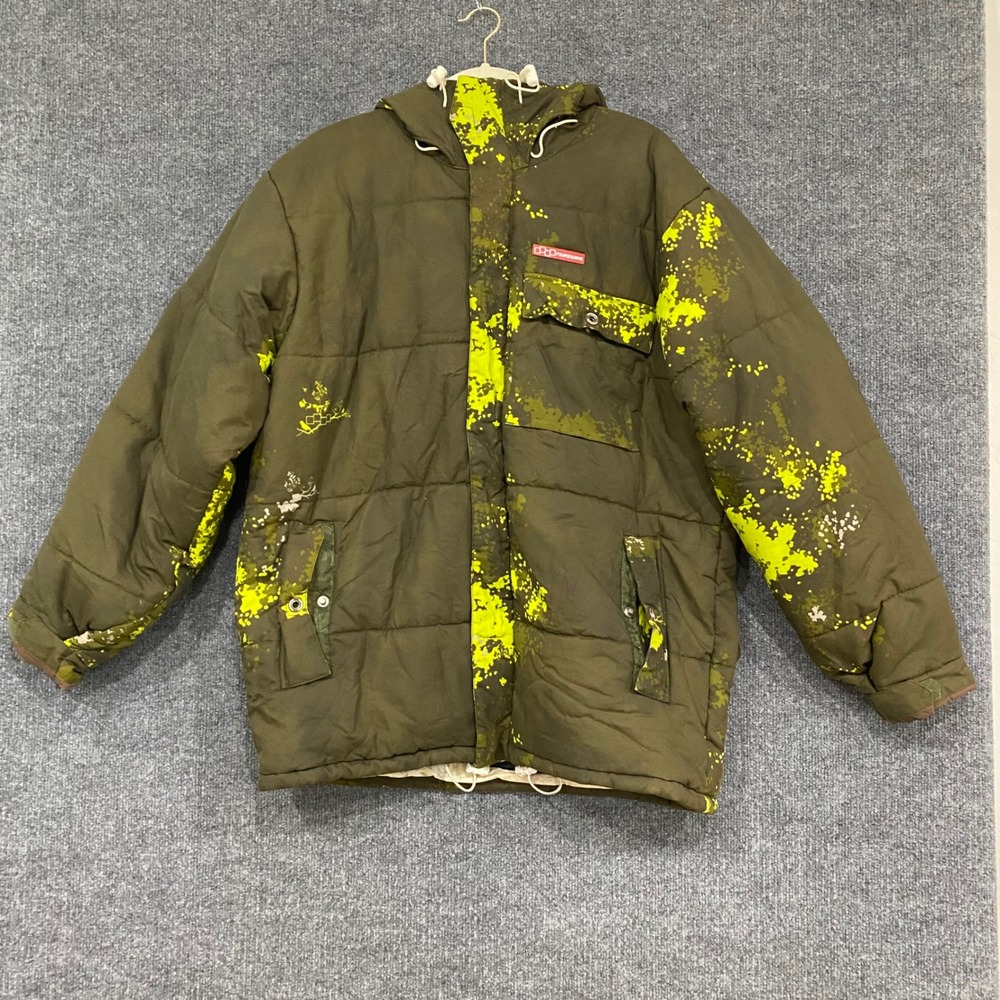 Foursquare Mens Large 5K Insulated Snowboard Jacket Olive Neon Yellow Splatter